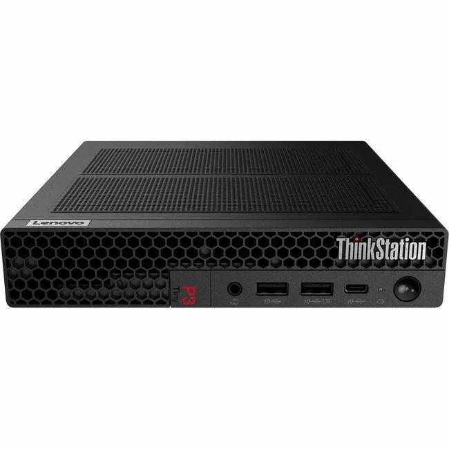 Small black Lenovo ThinkStation P3 Tiny desktop PC