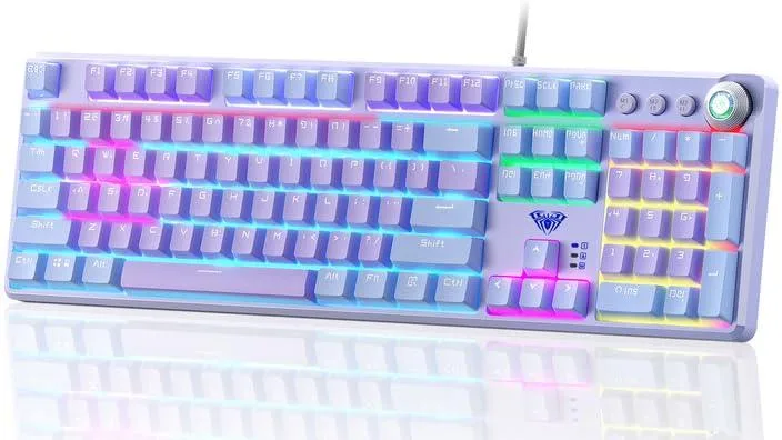 Purple full-size mechanical keyboard with removable magnetic top cover, purple and blue keycaps, RGB backlight, media knob, USB-A cable