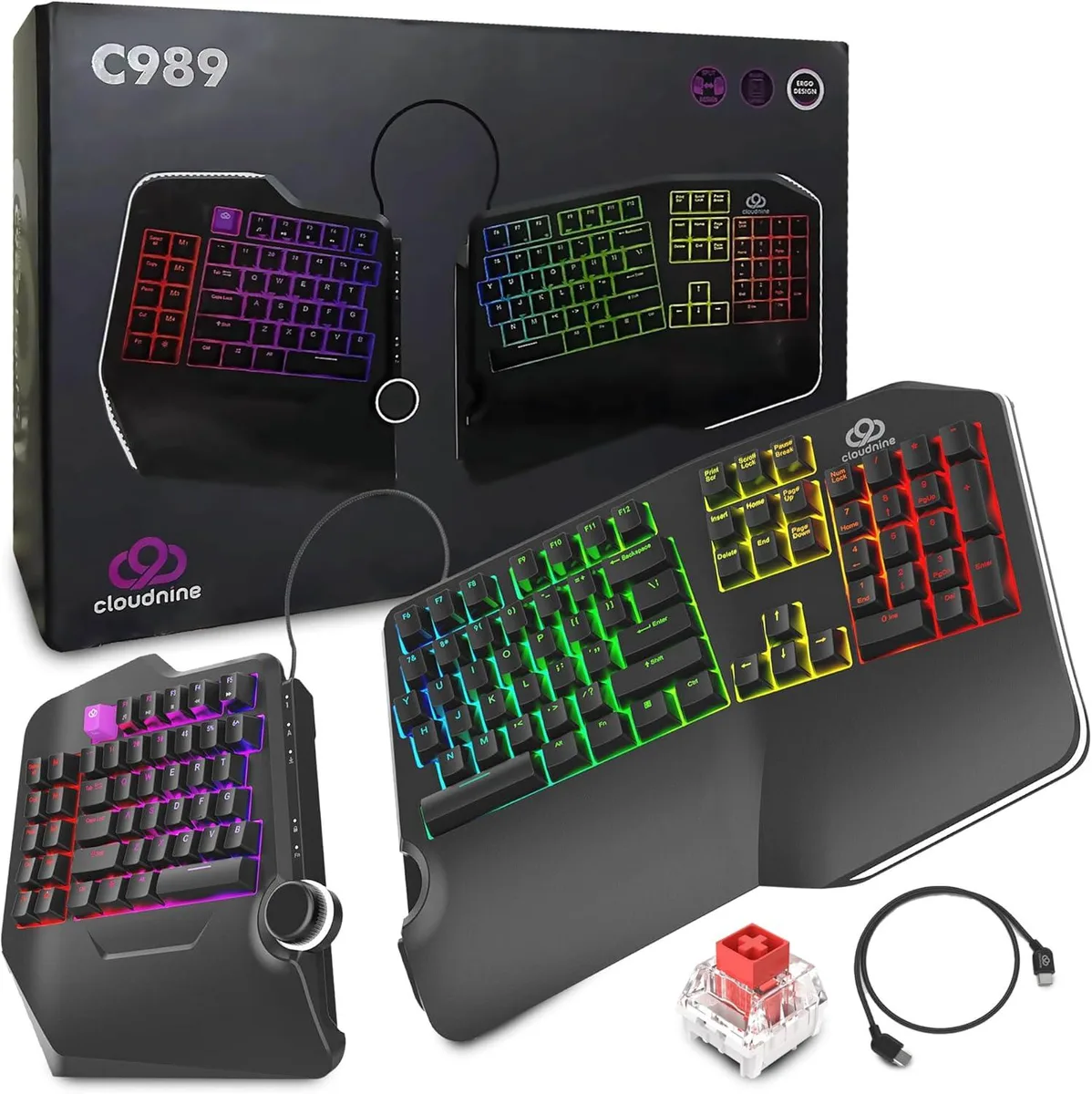 Split ergonomic mechanical keyboard with integrated wrist rests and RGB backlighting
