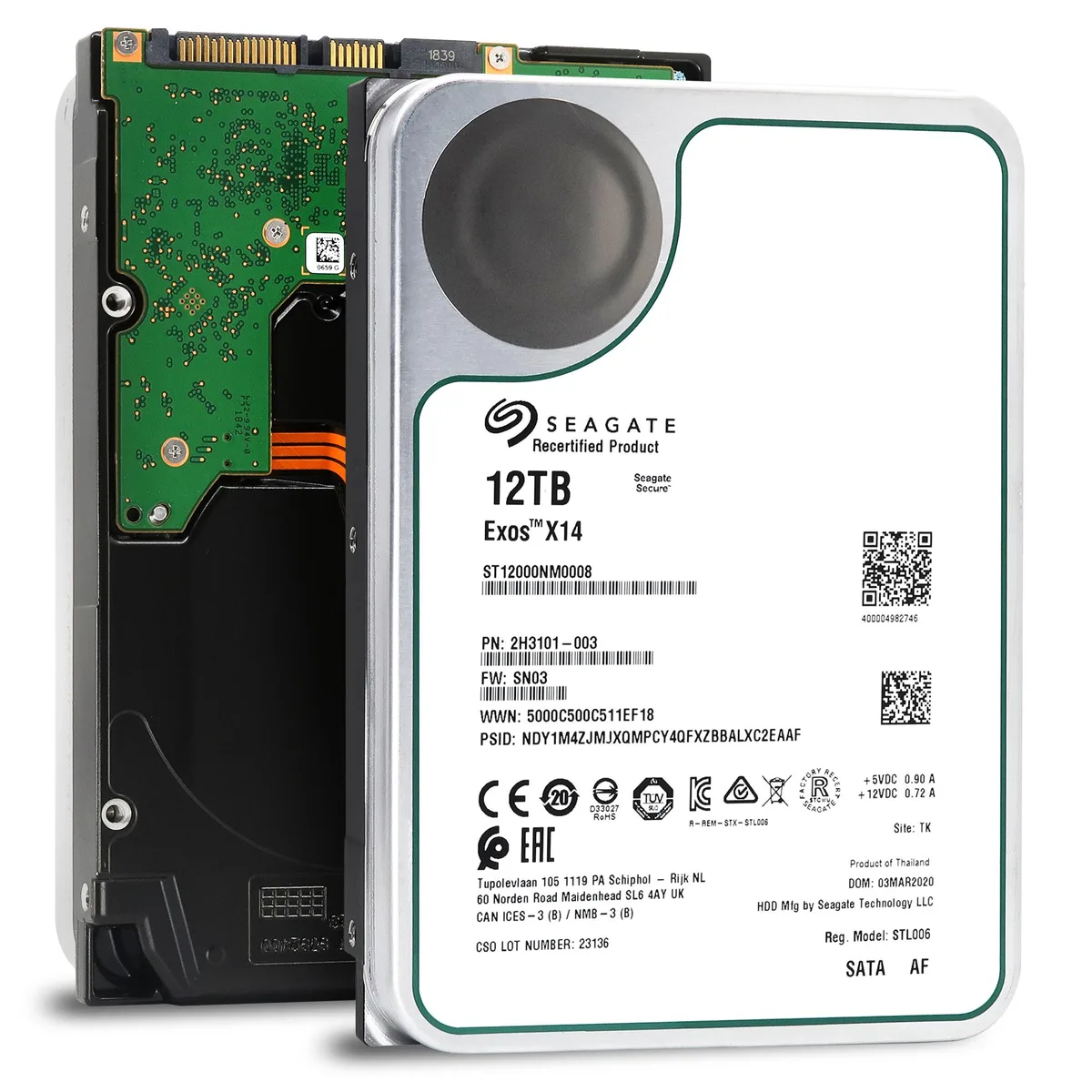 Silver 3.5 inch enterprise hard drive with green circuit board visible on underside
