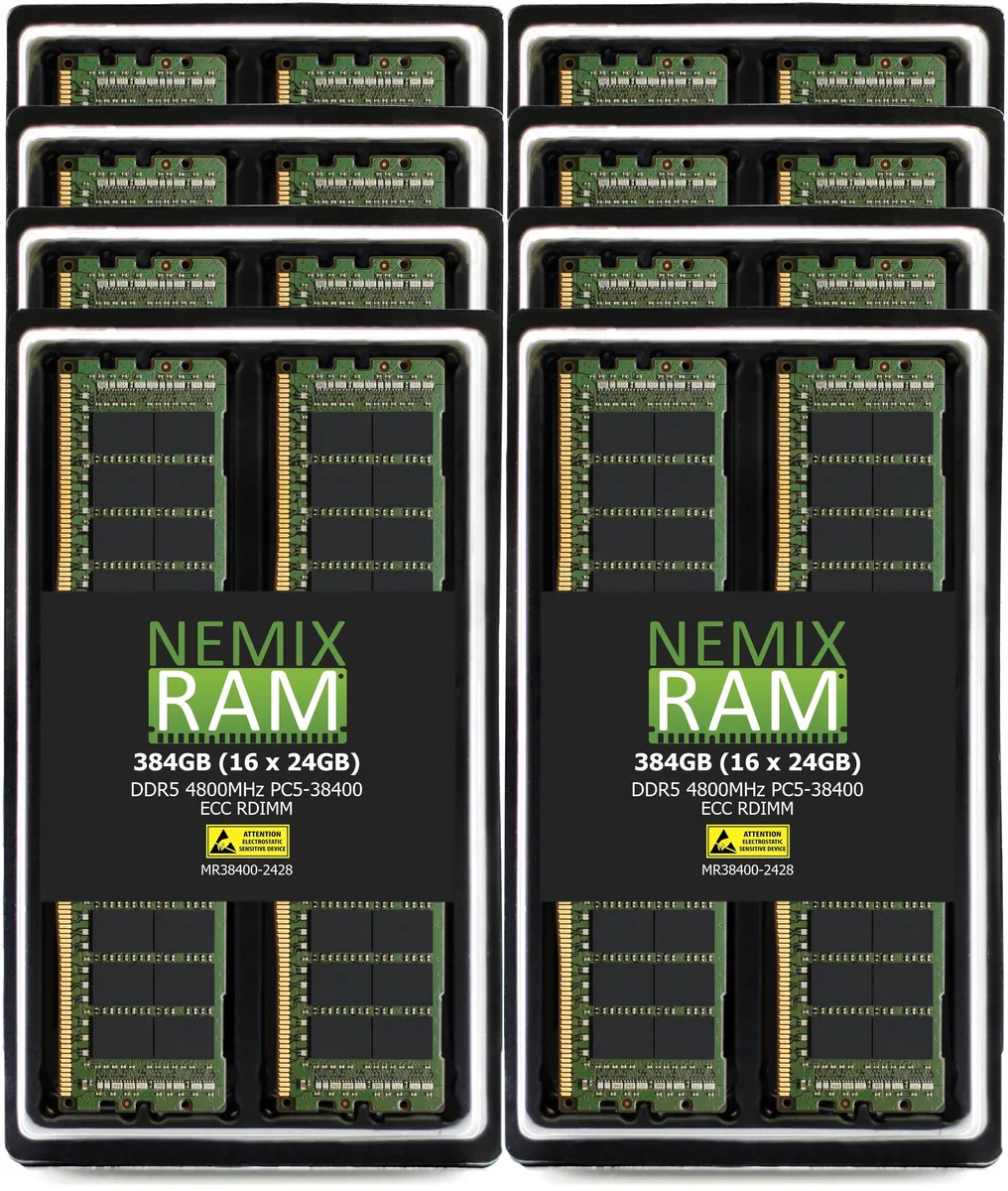 Two green DDR5 RDIMM modules with gold contacts and black chips, no heat spreader