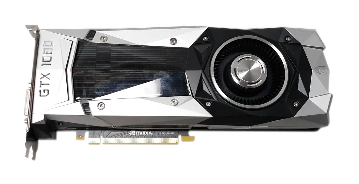 PNY GeForce GTX 1080 graphics card, black dual-slot cooler, 10.5 inches long