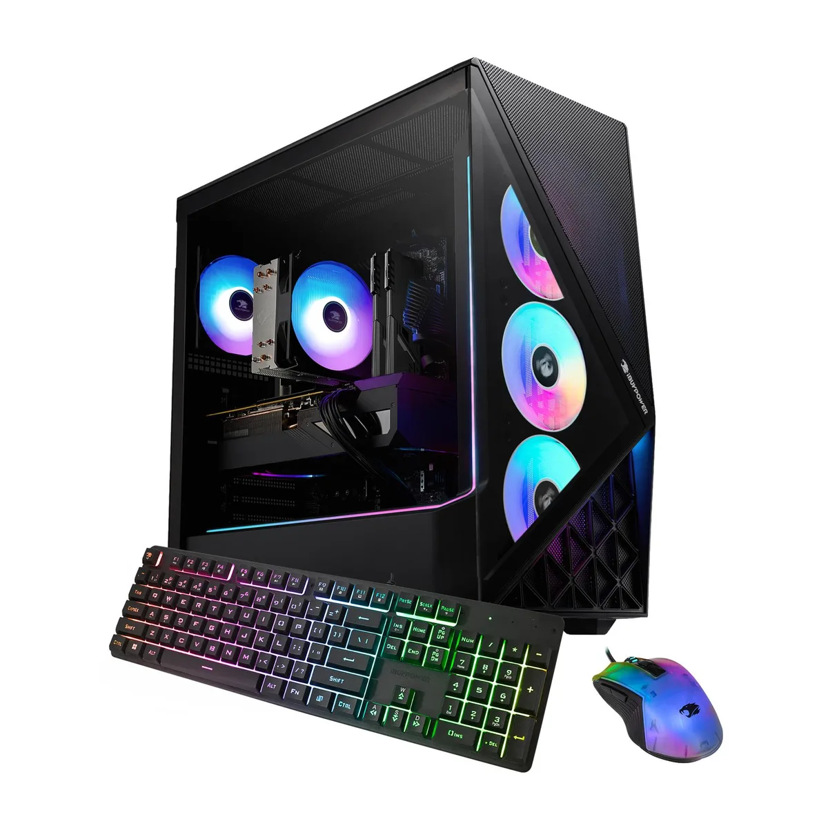Black mid-tower gaming desktop with RGB lighting and included keyboard mouse