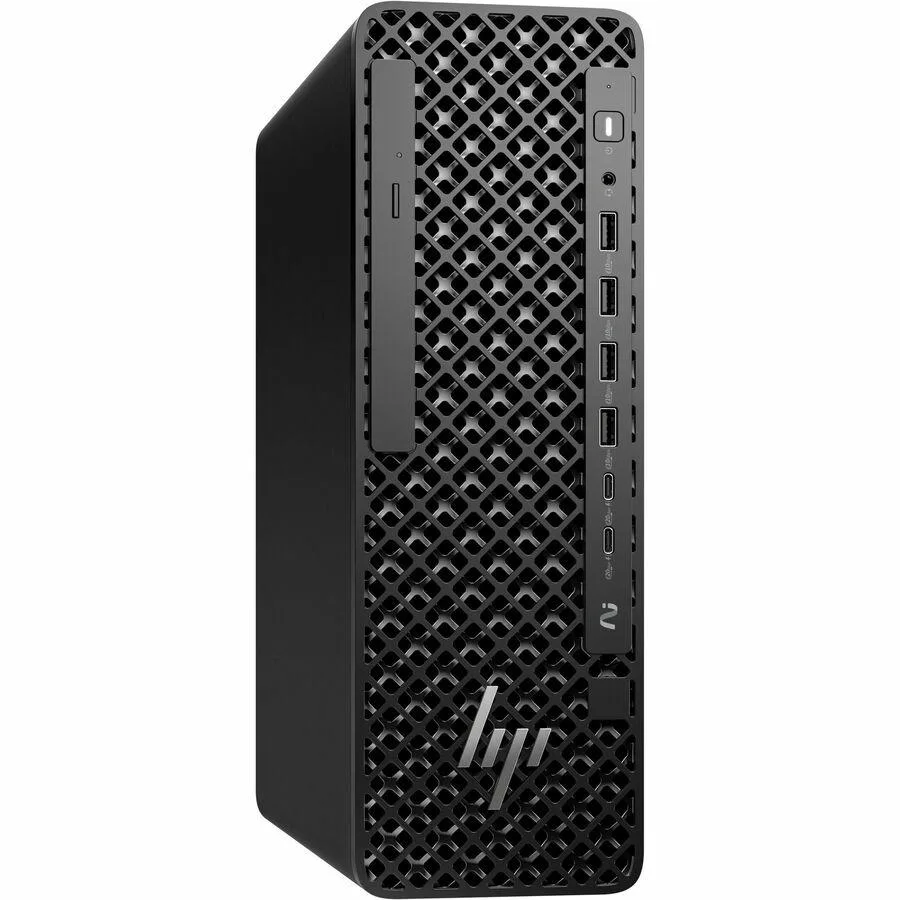 Black small form factor desktop tower with wired keyboard and mouse