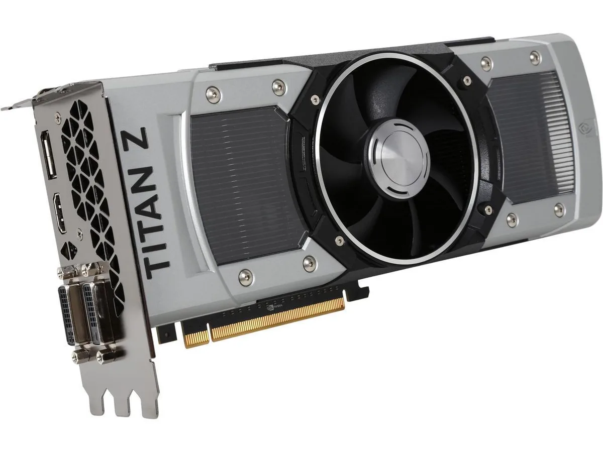 EVGA GeForce GTX TITAN Z 12GB dual-GPU card with silver metal cooler and four display outputs