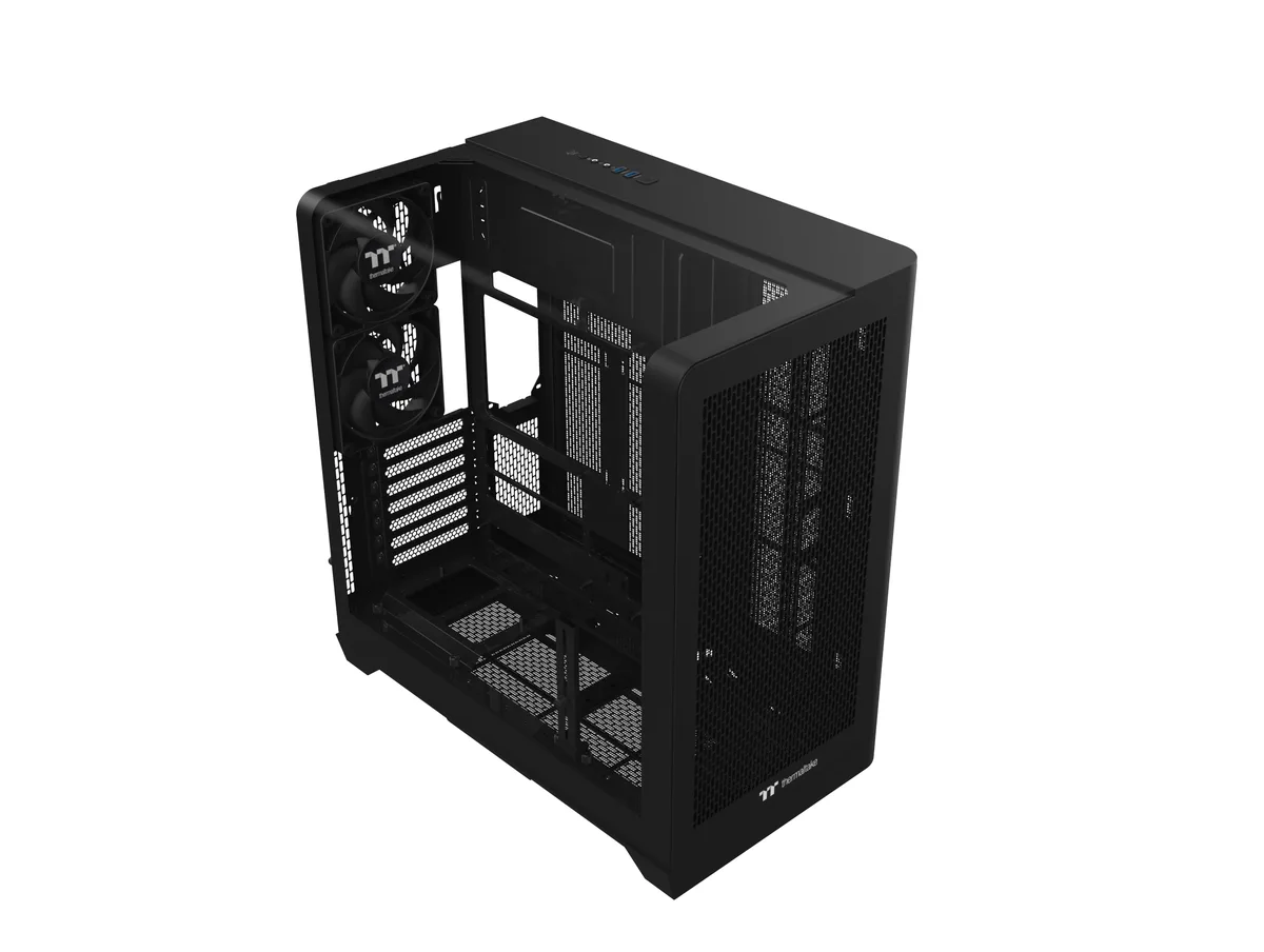 Black mid-tower case with curved tempered glass side panel and perforated front mesh