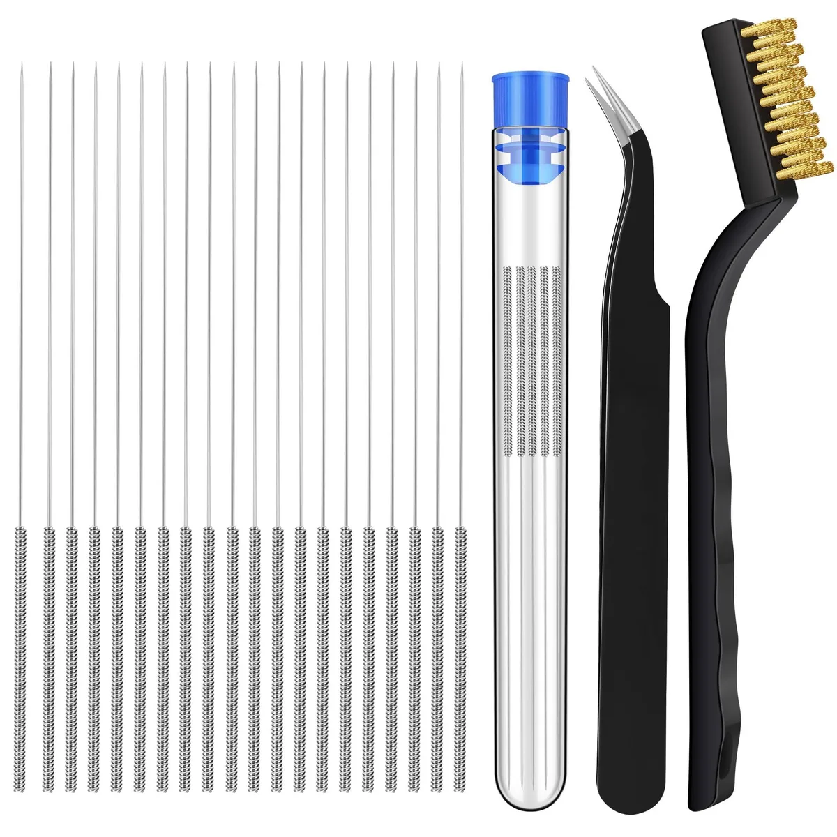 EILKBLA 22PCS 3D Printer Nozzle Cleaning Kit, 20 x 0.4mm needles, copper brush, tweezer — 商品照片
