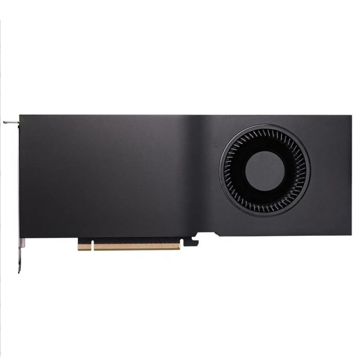 Full-length dual-slot graphics card in silver and black with four DisplayPort outputs