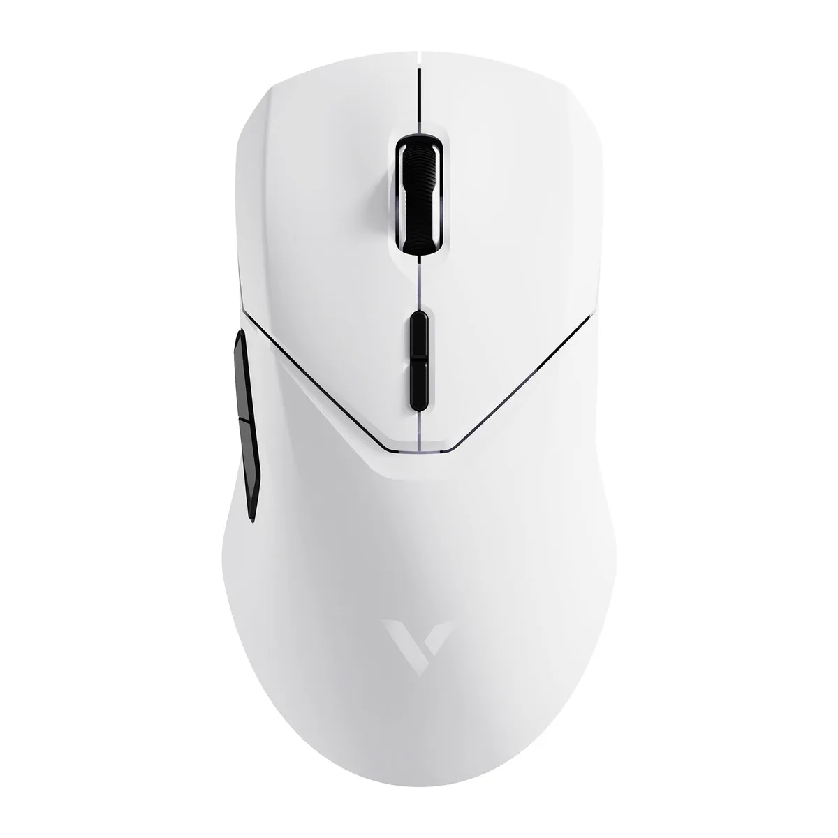 White wireless gaming mouse with ambidextrous shape and USB-C cable