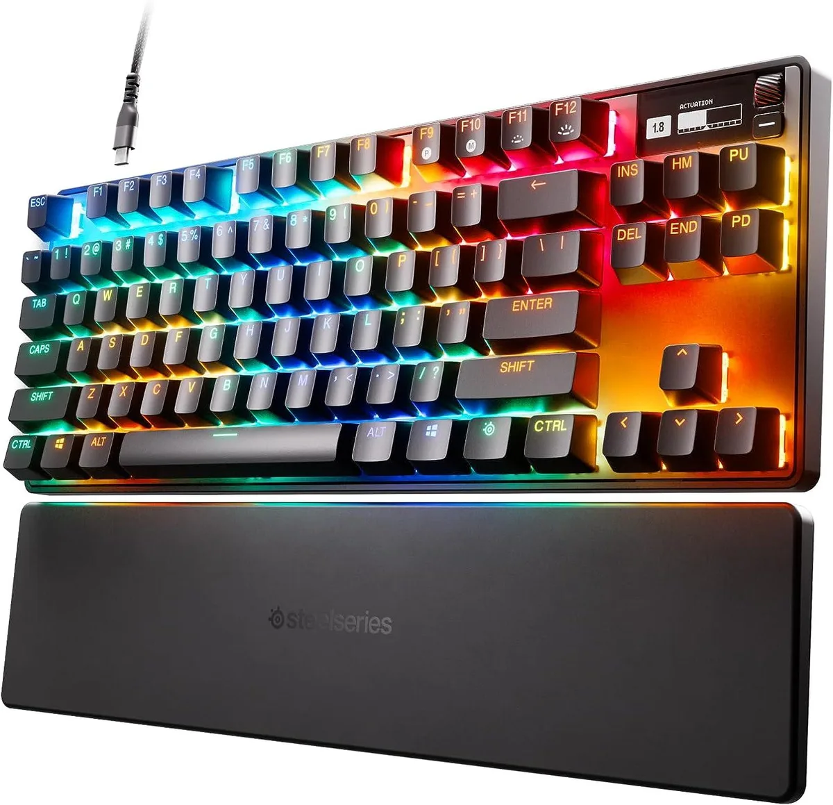 Black tenkeyless keyboard with aluminium top plate, OLED display and PBT keycaps