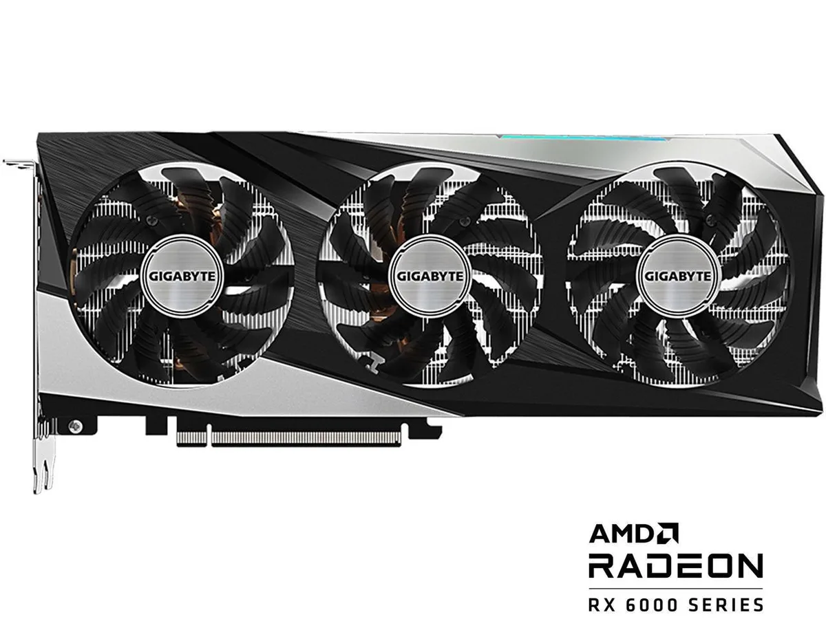 Triple-fan graphics card with metal backplate and RGB lighting