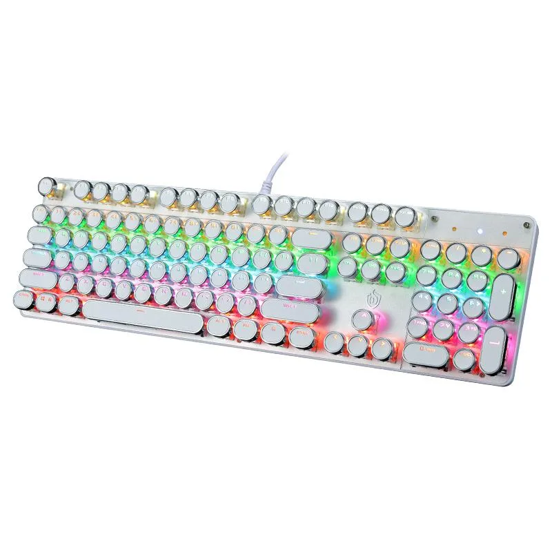White full-size mechanical keyboard with round retro keycaps and foldable wrist rest
