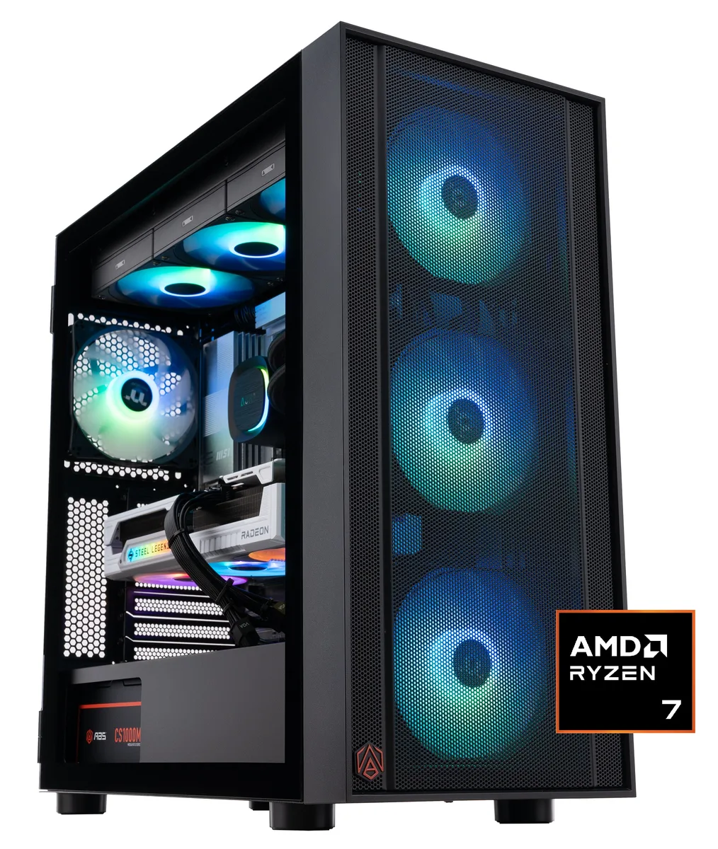 Black mid-tower case with RGB-lit liquid cooler visible through side panel