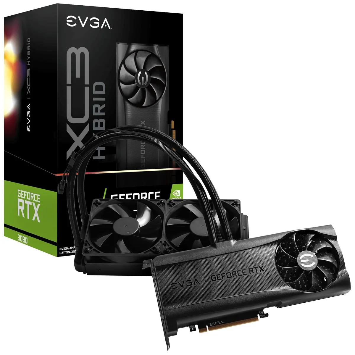 EVGA RTX 3090 XC3 Ultra Hybrid card with 240 mm radiator dual fans metal backplate ARGB lighting