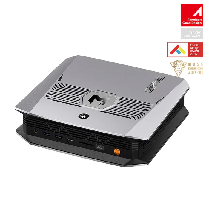 Small black cube mini PC with front status lights and rear ports
