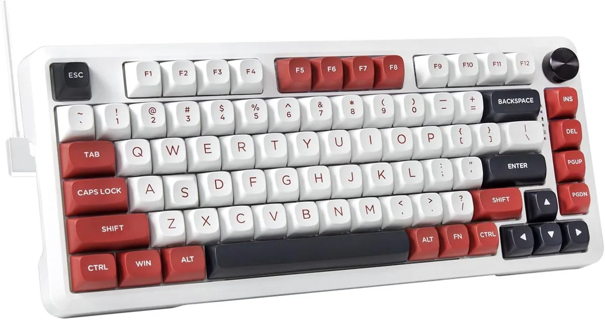 White compact mechanical keyboard with red volume knob and RGB lighting