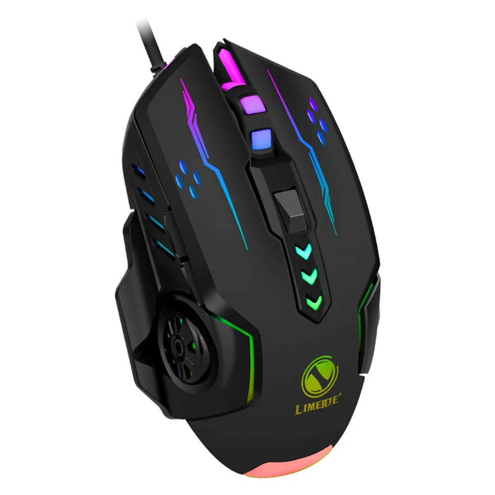 Black wired gaming mouse with six buttons and colourful LED lighting