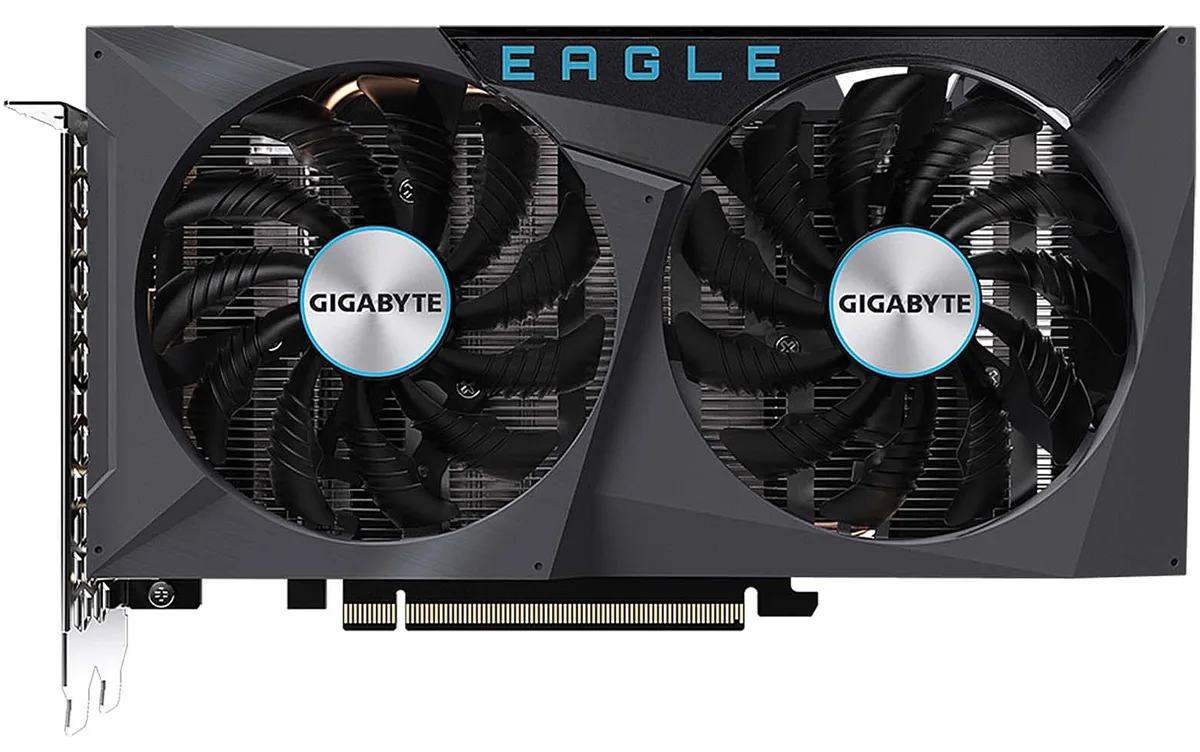 Dual-fan graphics card in silver and black, 2-slot ATX form factor, 213 mm long