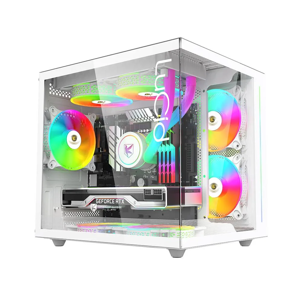 KINGSMAN GAMING KINGSMAN GAMING LuCid-WHITE M-ATX/ITX PC case 270° dual tempered glass 3 ARGB fans white — product photo