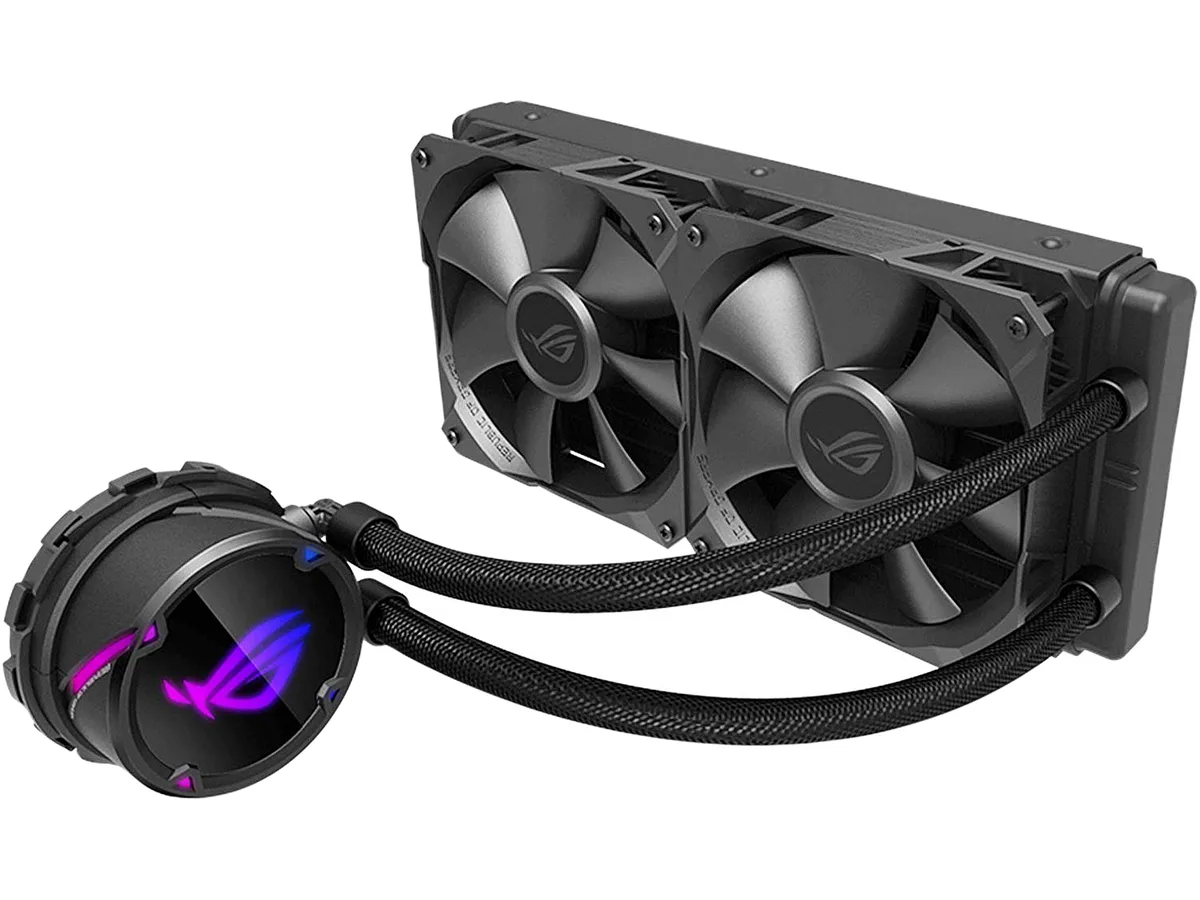 Black all-in-one liquid cooler with 240mm aluminium radiator, two 120mm ARGB fans, copper pump block and sleeved rubber tubes