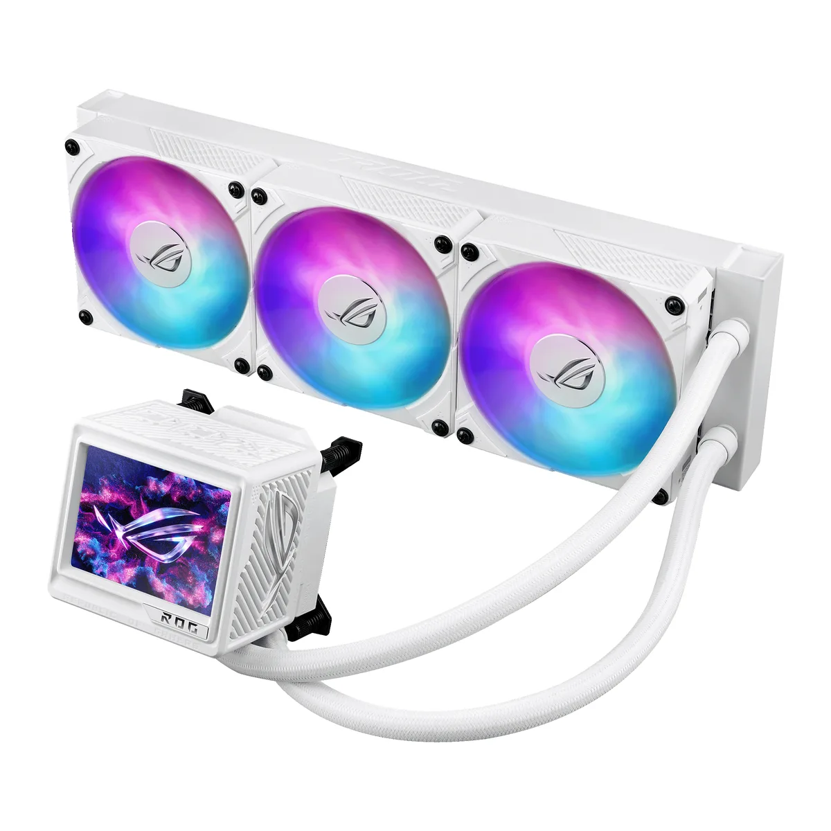 White all-in-one liquid cooler with 360 mm radiator, three 120 mm ARGB magnetic fans and a 3.5 inch LCD pump block