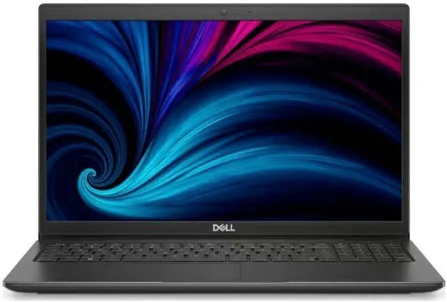 Black Dell Inspiron 15 laptop with 15.6 inch touchscreen display, open on a flat surface