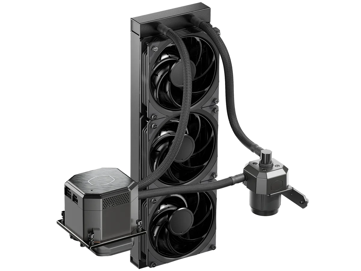 Black rectangular water block with three 120 mm fans on a 360 mm radiator