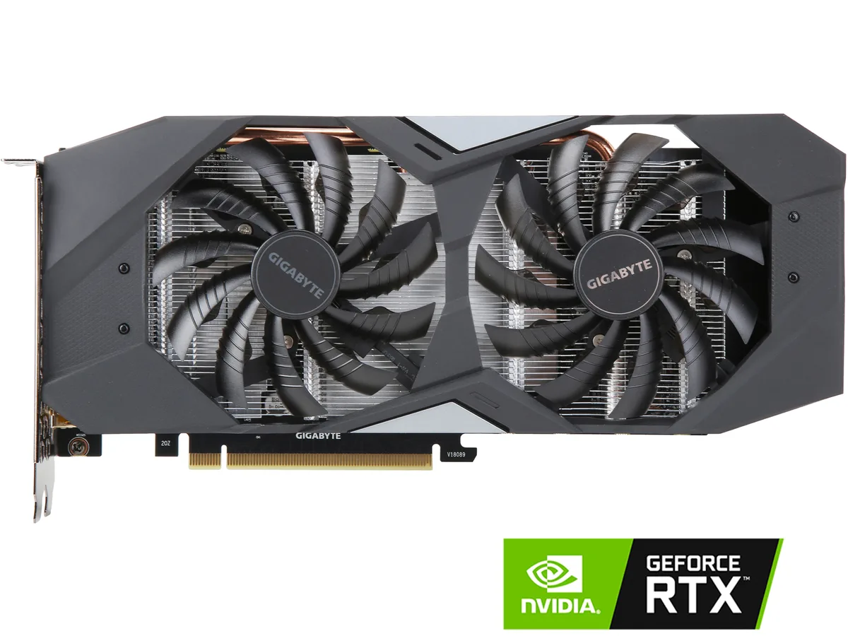 Dual-fan graphics card, silver shroud, black backplate, PCIe bracket with HDMI and three DisplayPort connectors