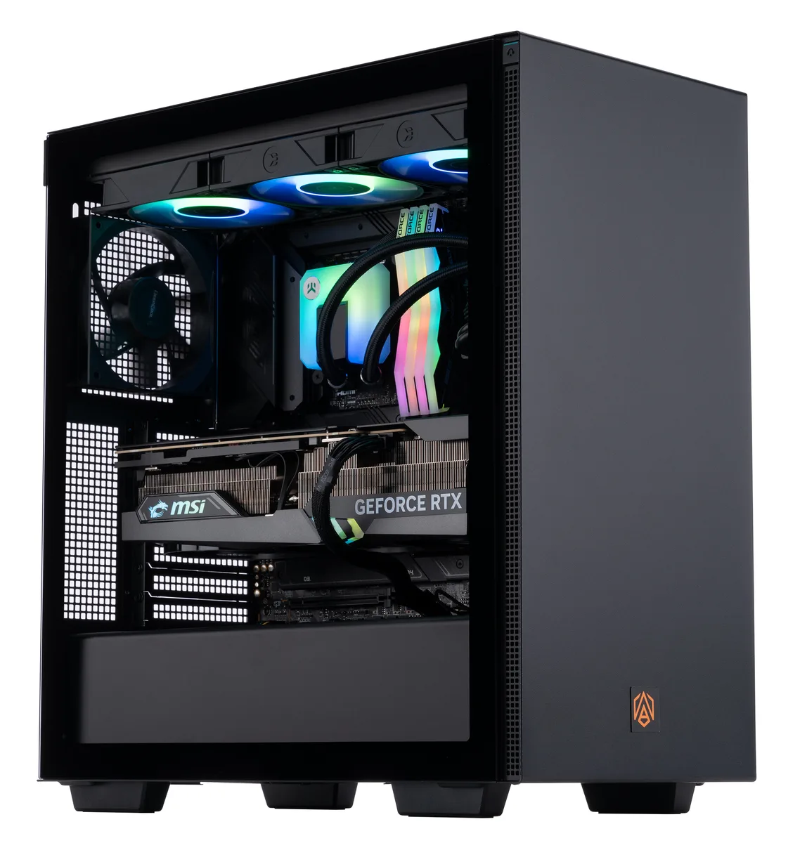 Black mid-tower gaming desktop with tempered glass side panel and RGB lighting visible inside