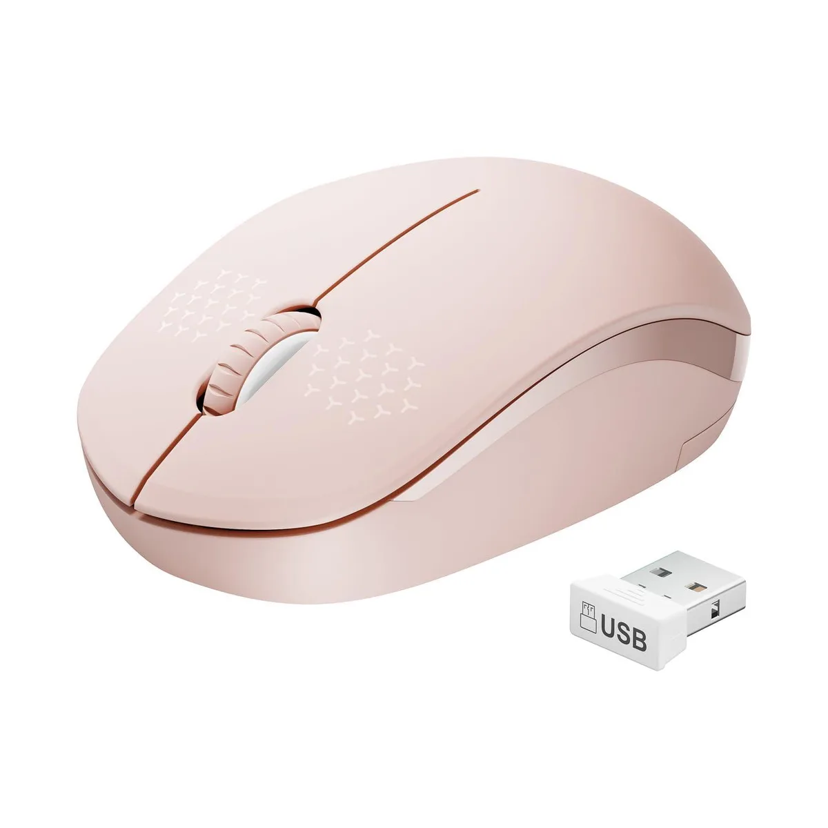 A compact pink wireless gaming mouse with 16 buttons and a USB receiver