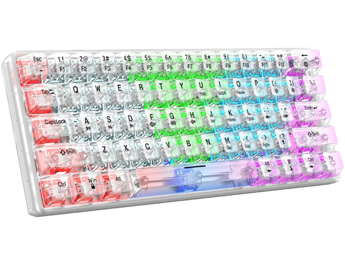 White 60 percent transparent mechanical keyboard with clear keycaps and RGB backlighting