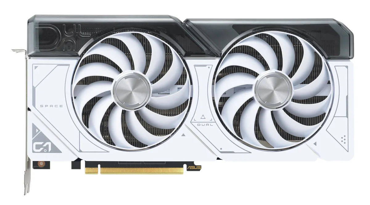 White dual-fan graphics card, 2.56-slot ATX form factor, 267 mm length