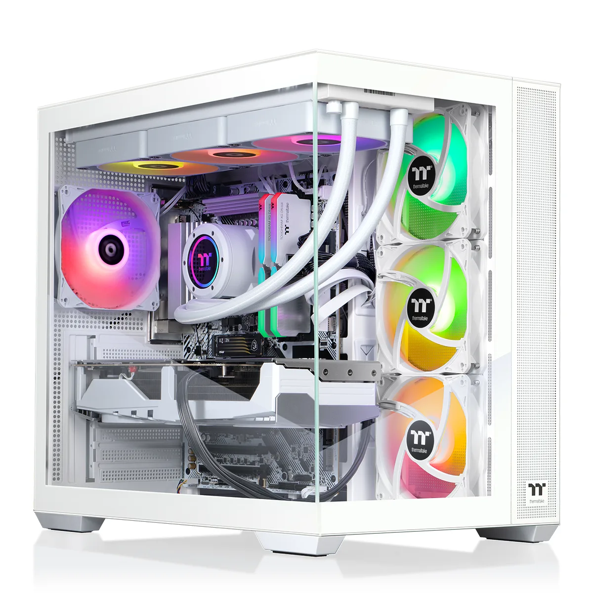 White mid-tower gaming PC with tempered glass side panel and visible 360mm AIO cooler