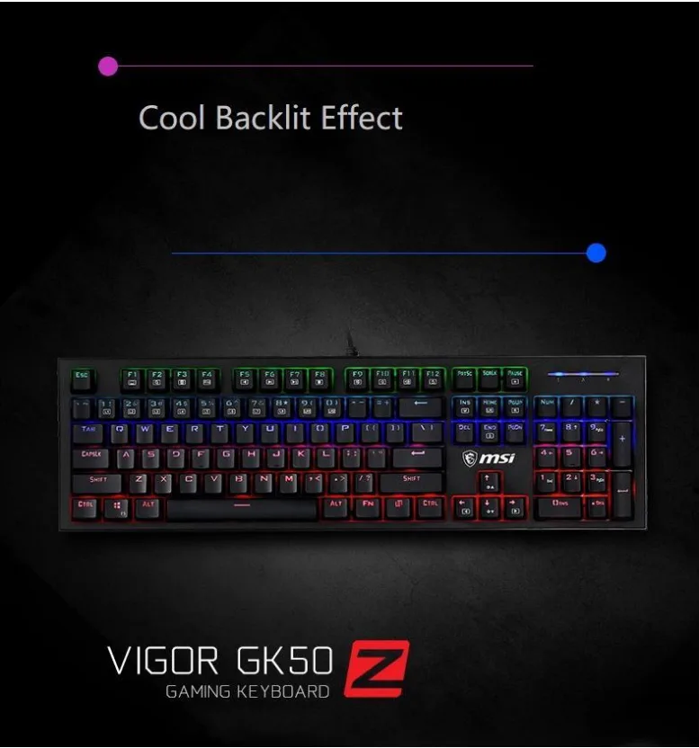 Black mechanical gaming keyboard with blue switches, RGB backlighting and dual light strips, 104 keys, USB wired