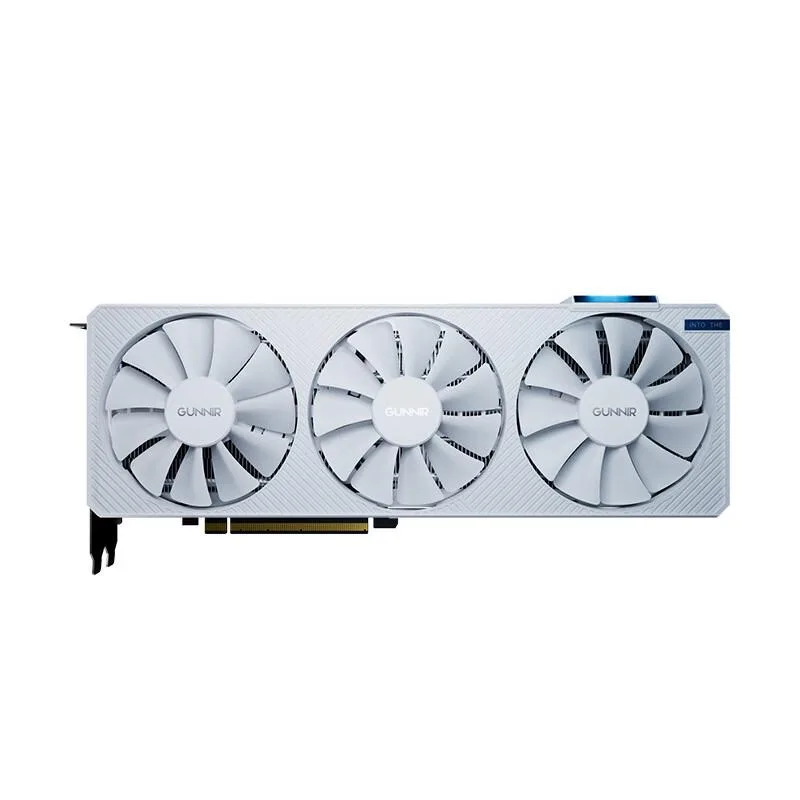 White triple-fan graphics card, 300 by 118.5 by 50 mm