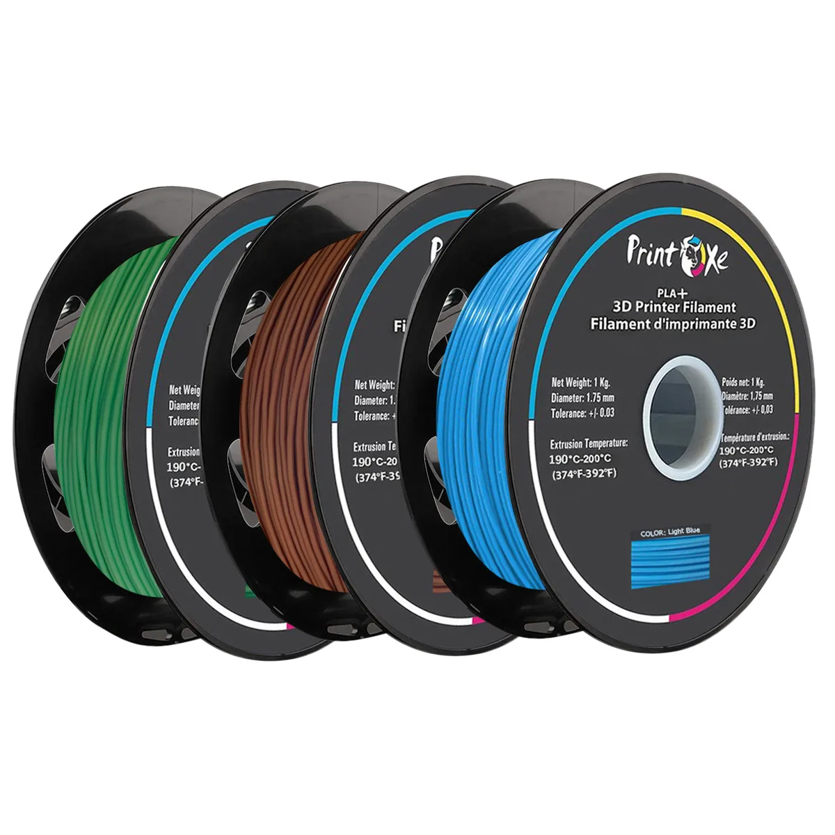 Three 1 kg spools of 1.75 mm PLA+ filament in fruit green brown and sky blue