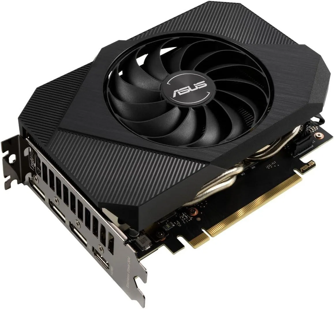 ASUS GeForce RTX 3050 Phoenix graphics card, single-fan cooler, dark shroud with silver accents, dual-slot bracket, PCIe 4.0 x16 gold