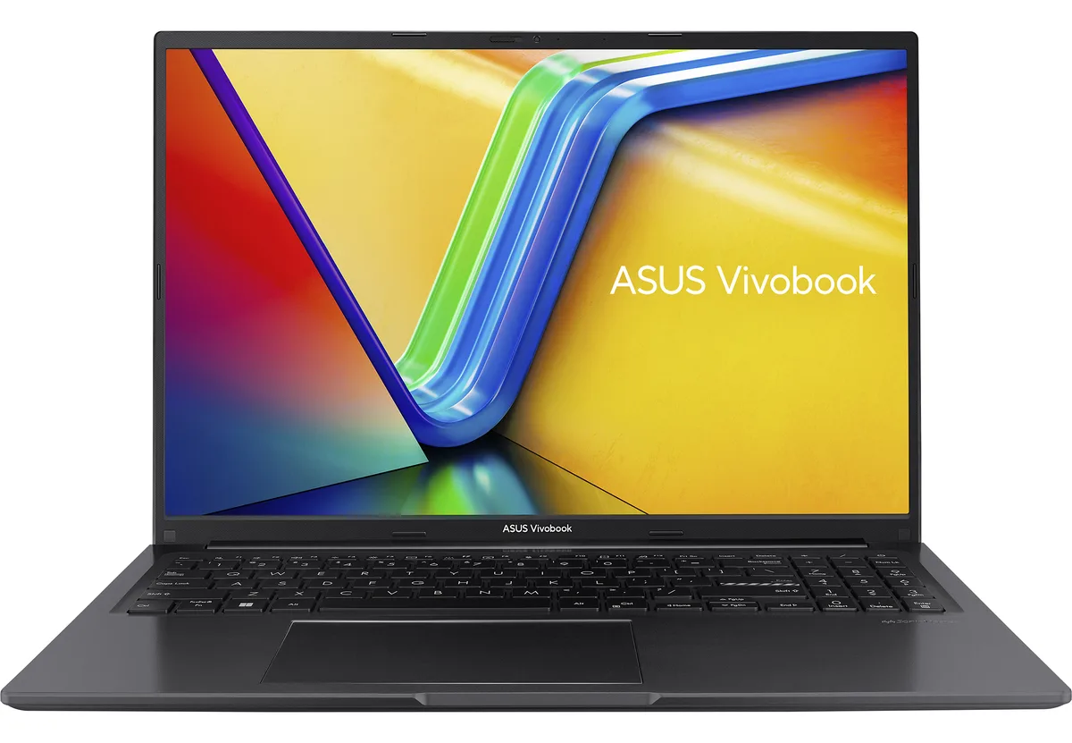 Indie Black 16 inch laptop with slim bezels and fingerprint sensor on touchpad