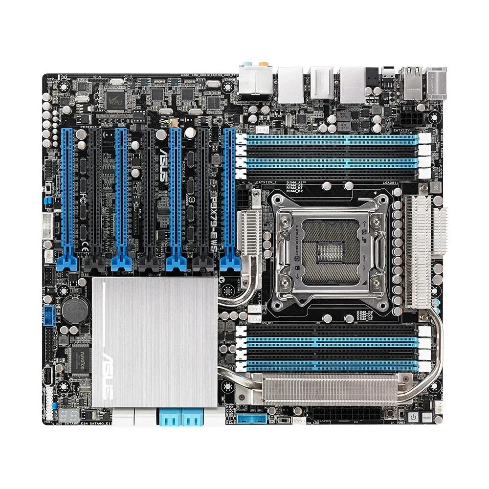 ATX motherboard, black PCB with grey slots and silver heatsinks