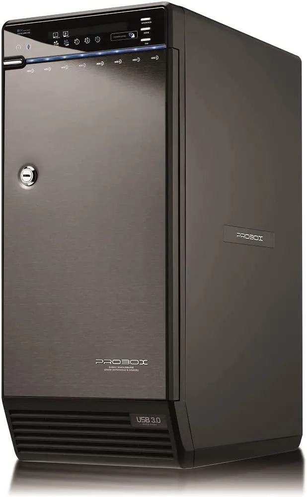 Black rectangular desktop enclosure with eight front drive bays