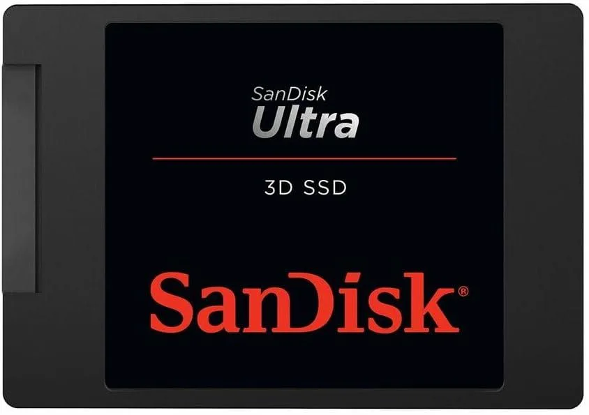 Rectangular 2.5 inch SATA SSD with black metal casing and green label