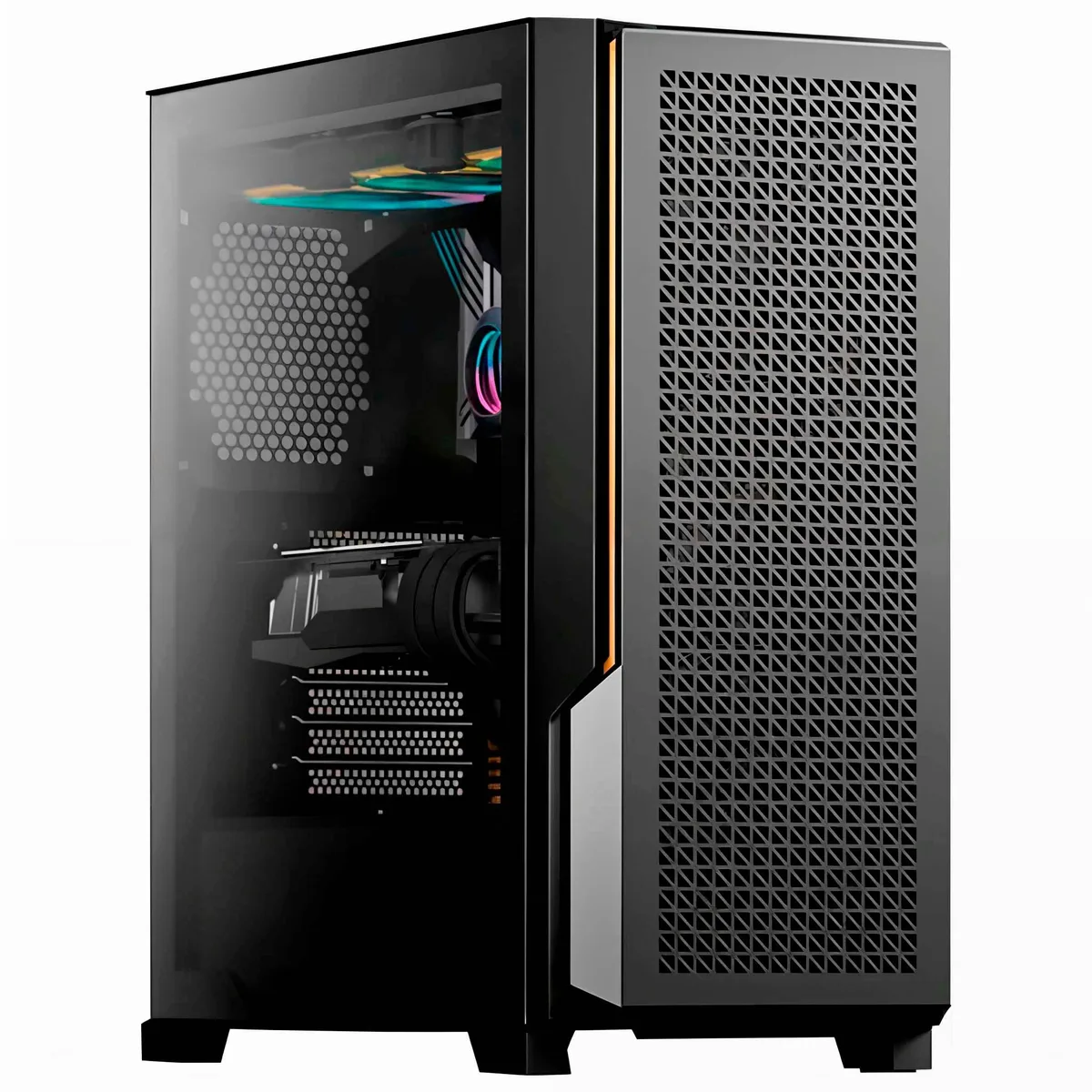 Black mid-tower desktop with tempered glass side panel, liquid cooling visible inside