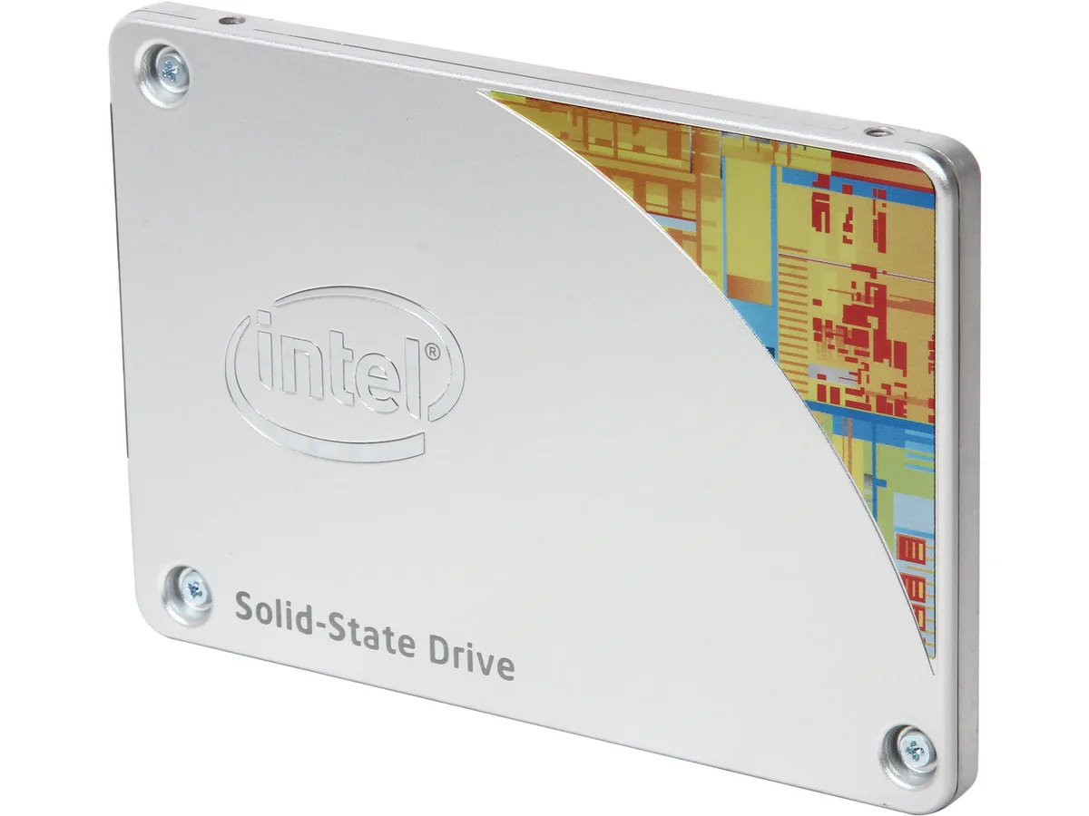 Rectangular 2.5 inch silver metal drive with label and SATA connectors