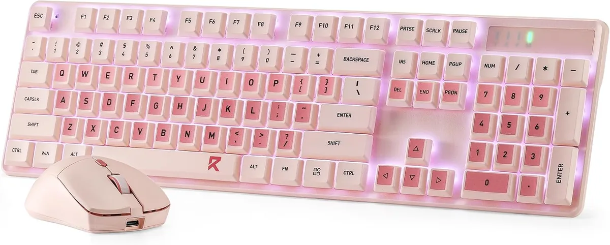 Pink 104-key low-profile wireless keyboard and matching right-hand mouse with shared dongle