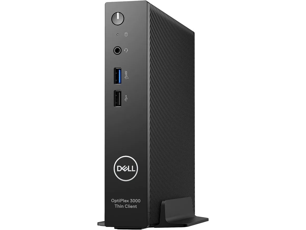 Small black thin client box with wired keyboard and mouse
