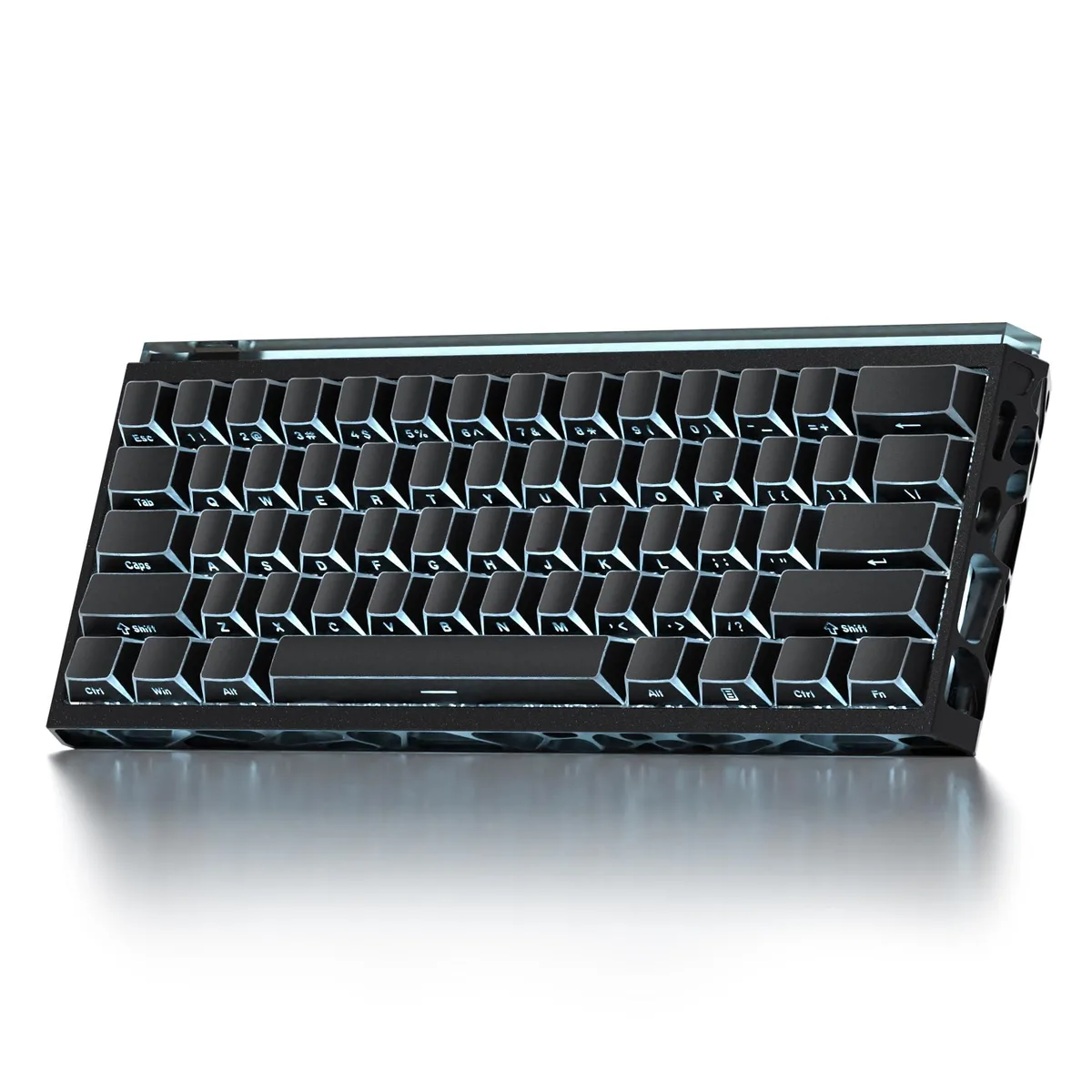 Compact 60% black aluminum keyboard with hollow frame, south-facing RGB, USB cable, keycap puller, manual