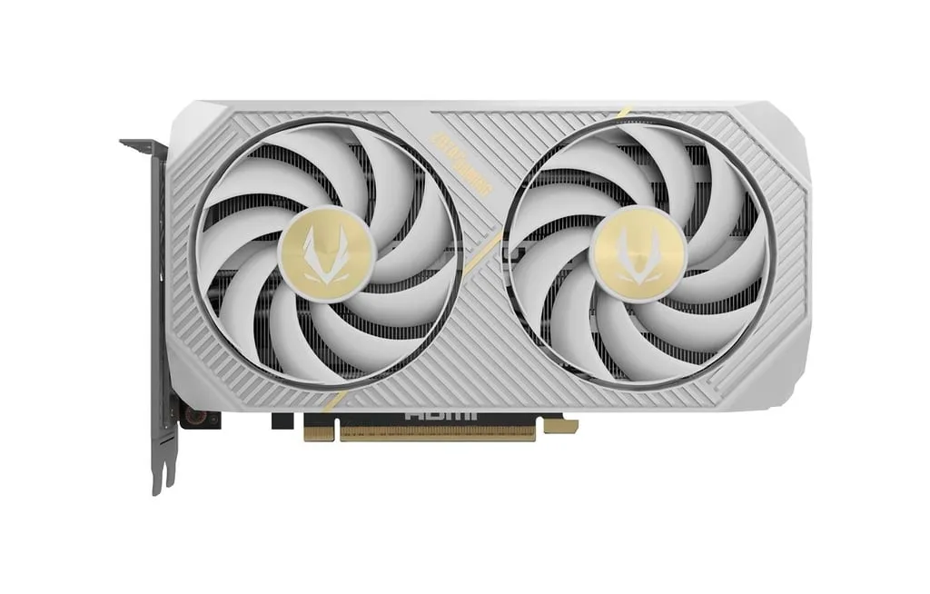 White dual-fan graphics card, compact two-slot design