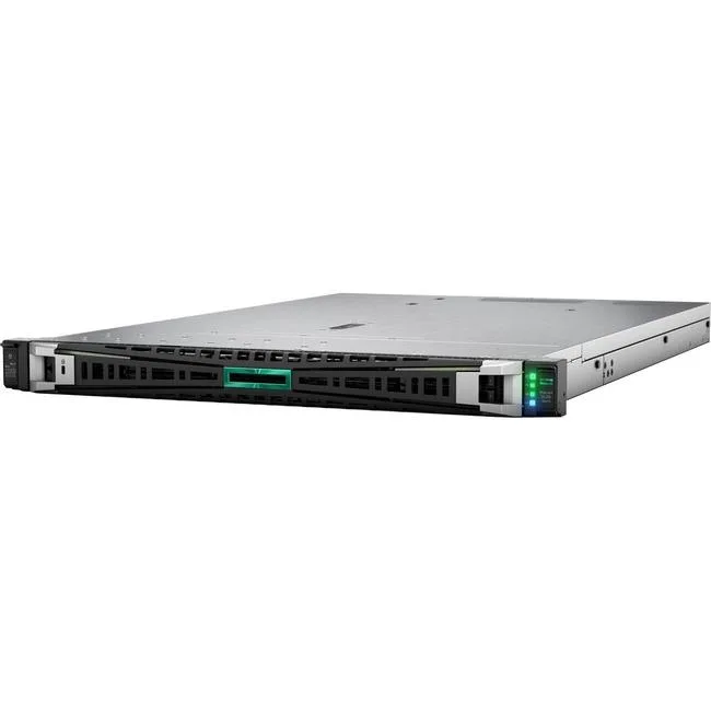 Silver 1U rack server with front drive bays and HPE badge