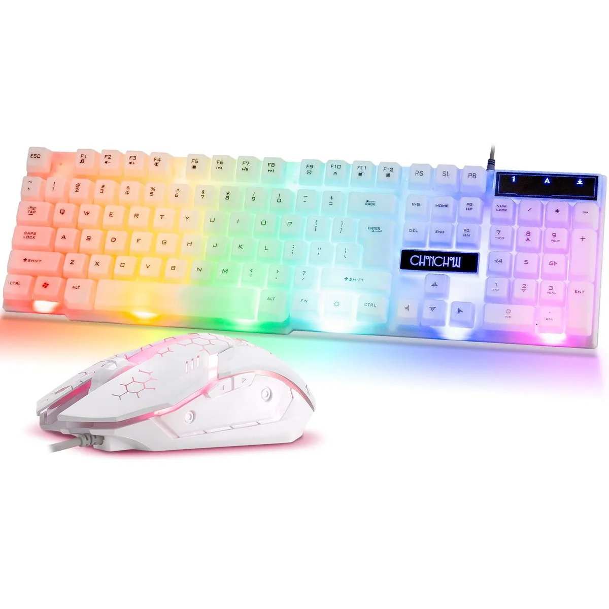 White wired gaming keyboard with integrated wrist rest and matching ambidextrous optical mouse, both with RGB backlighting