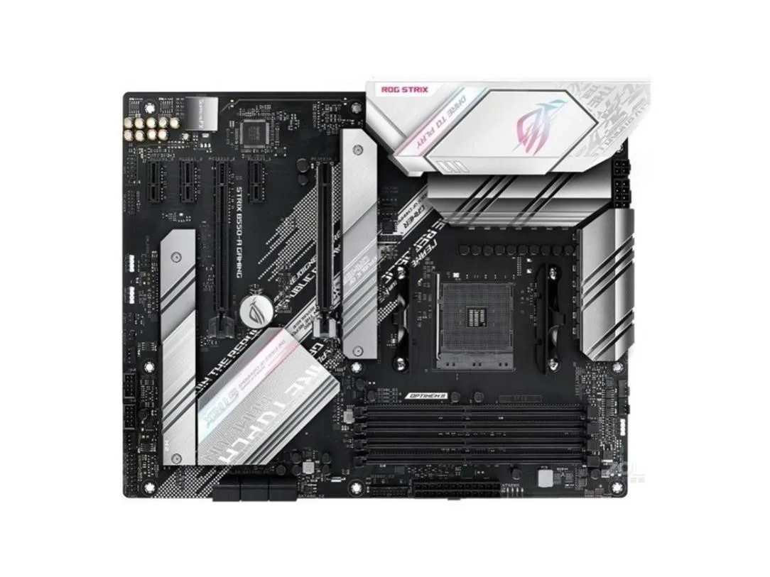 ATX motherboard in black and silver finish with AM4 socket and DDR4 slots